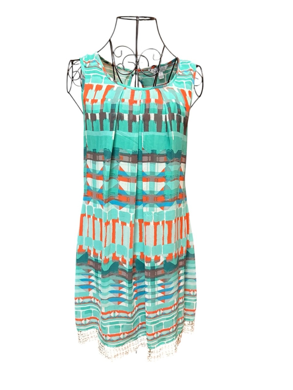 Flowy Turquoise & Coral Patterned Sleeveless Dress size 7